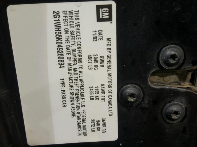 2G1WH55K049260834 - 2004 CHEVROLET IMPALA LS BLACK photo 10