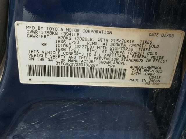 JTEGH20V230102284 - 2003 TOYOTA RAV4 BLUE photo 10