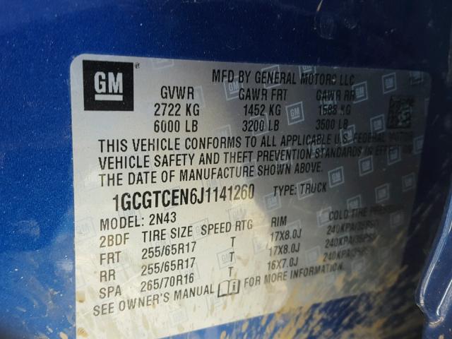 1GCGTCEN6J1141260 - 2018 CHEVROLET COLORADO L BLUE photo 10