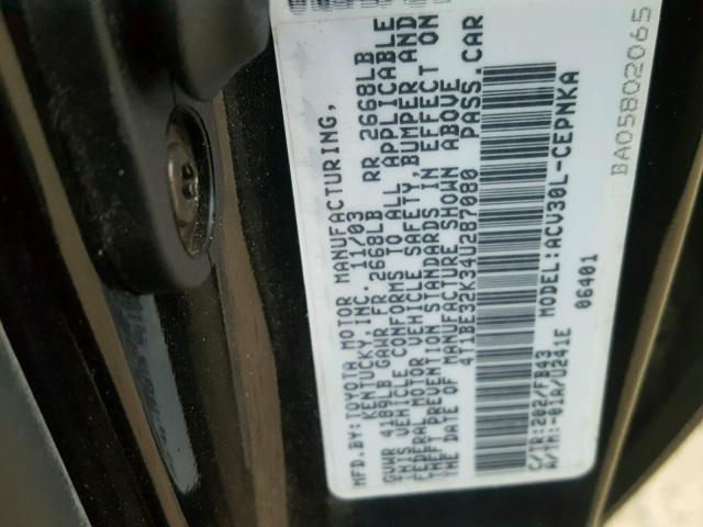 4T1BE32K34U287080 - 2004 TOYOTA CAMRY LE შავი ფოტო 10