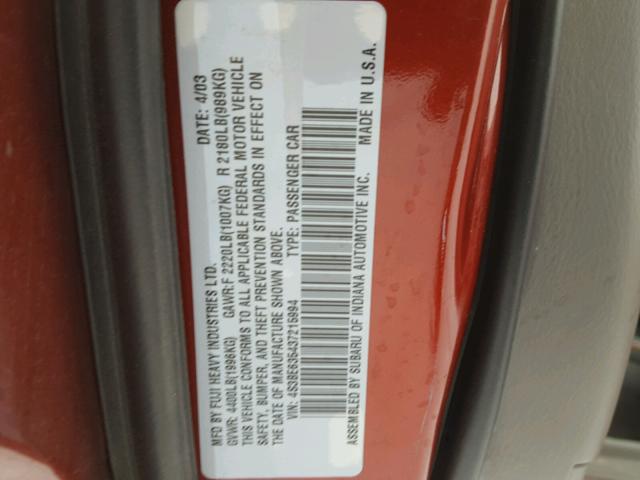 4S3BE635437215994 - 2003 SUBARU LEGACY L RED photo 10