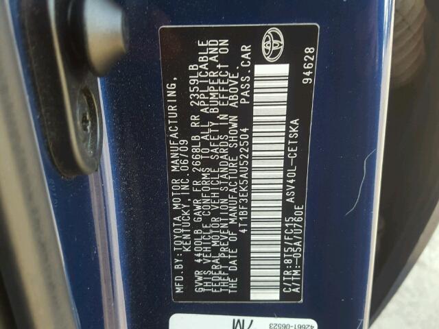4T1BF3EK5AU522504 - 2010 TOYOTA CAMRY BASE BLUE photo 10