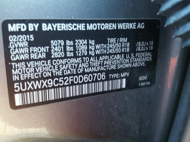 5UXWX9C52F0D60706 - 2015 BMW X3 XDRIVE2 CHARCOAL photo 10