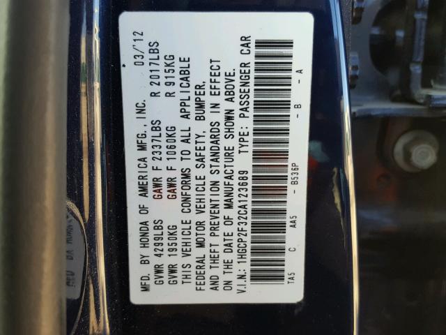 1HGCP2F32CA123689 - 2012 HONDA ACCORD LX BLUE photo 10