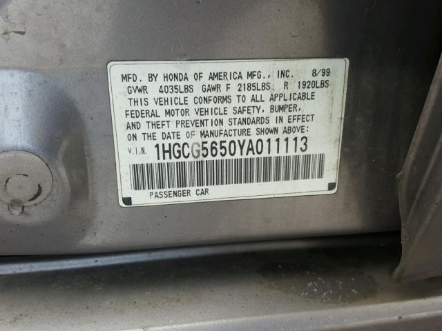 1HGCG5650YA011113 - 2000 HONDA ACCORD EX SILVER photo 10