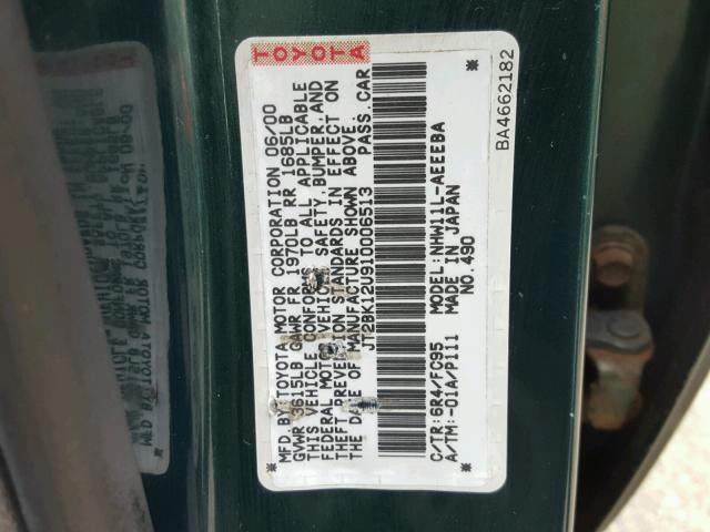 JT2BK12U910006513 - 2001 TOYOTA PRIUS GREEN photo 10