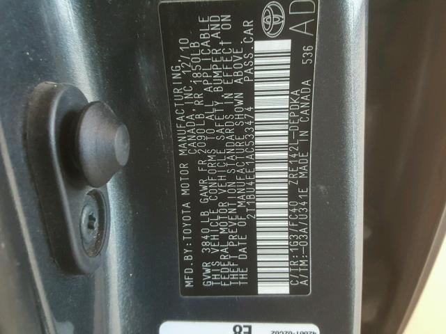 2T1BU4EE1AC533474 - 2010 TOYOTA COROLLA GRAY photo 10