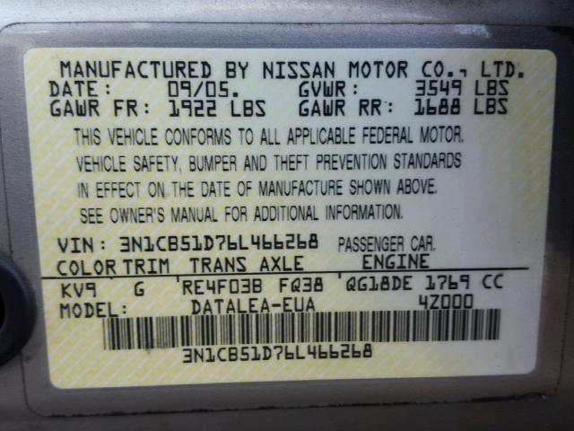 3N1CB51D76L466268 - 2006 NISSAN SENTRA 1.8 GRAY photo 10