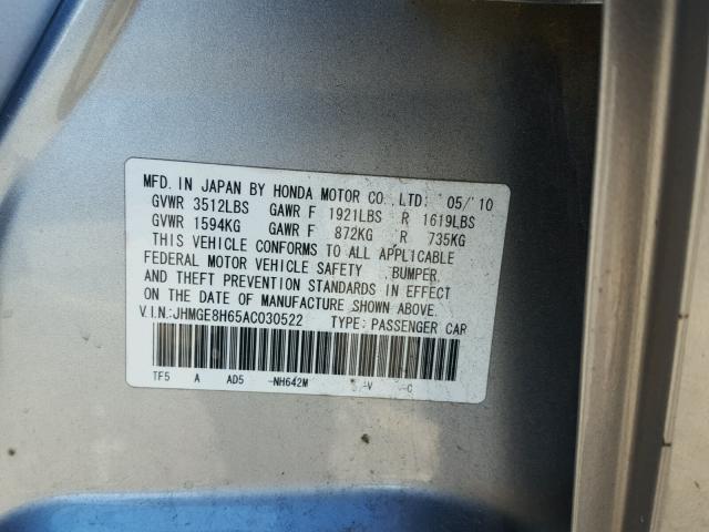 JHMGE8H65AC030522 - 2010 HONDA FIT SPORT SILVER photo 10