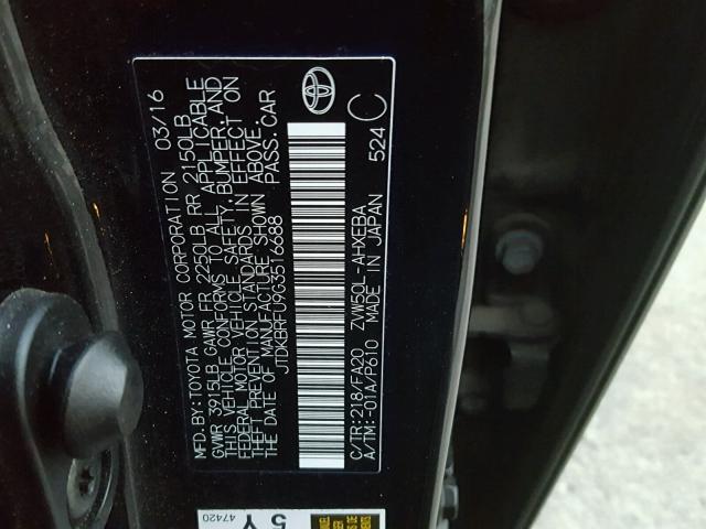 JTDKBRFU9G3516688 - 2016 TOYOTA PRIUS BLACK photo 10