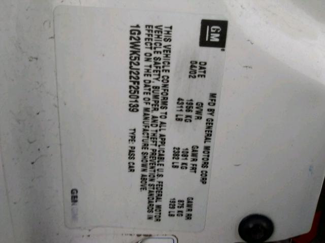 1G2WK52J22F250139 - 2002 PONTIAC GRAND PRIX WHITE photo 10