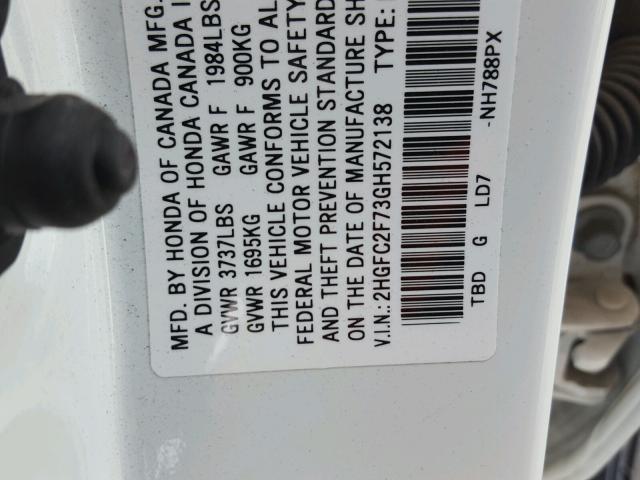 2HGFC2F73GH572138 - 2016 HONDA CIVIC EX თეთრი ფოტო 10