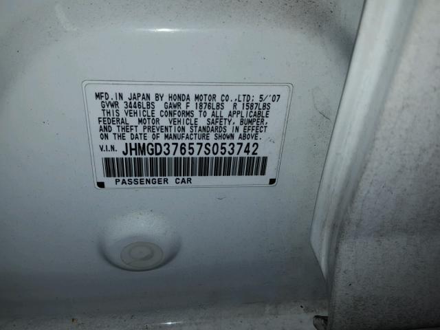 JHMGD37657S053742 - 2007 HONDA FIT S თეთრი ფოტო 10