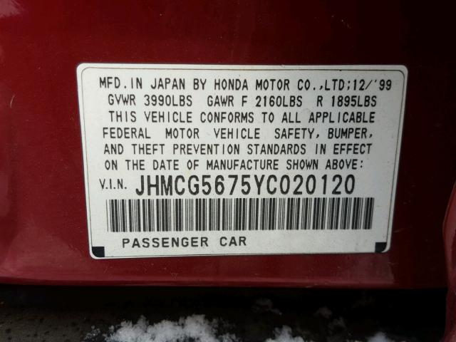 JHMCG5675YC020120 - 2000 HONDA ACCORD SE BURGUNDY photo 10