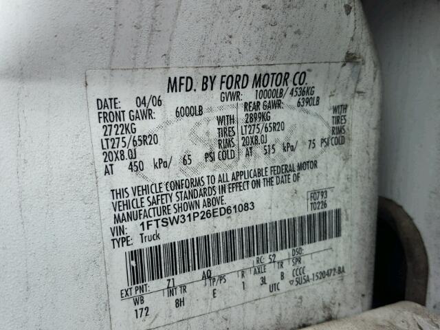 1FTSW31P26ED61083 - 2006 FORD F350 SRW S WHITE photo 10