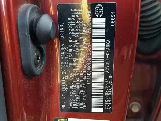 4T1BE30K16U125017 - 2006 TOYOTA CAMRY LE RED photo 10