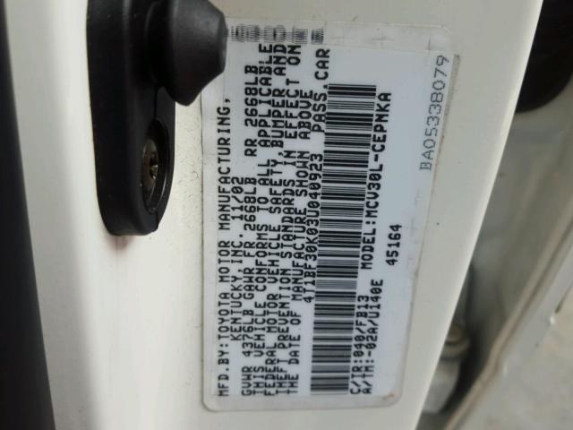 4T1BF30K03U040923 - 2003 TOYOTA CAMRY LE WHITE photo 10