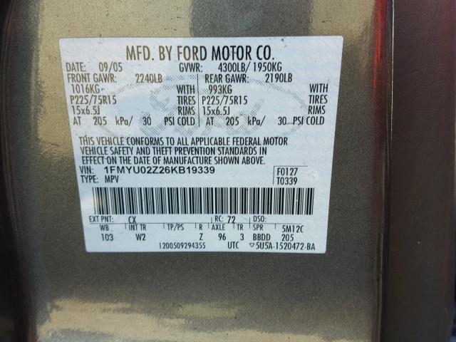 1FMYU02Z26KB19339 - 2006 FORD ESCAPE XLS GRAY photo 10