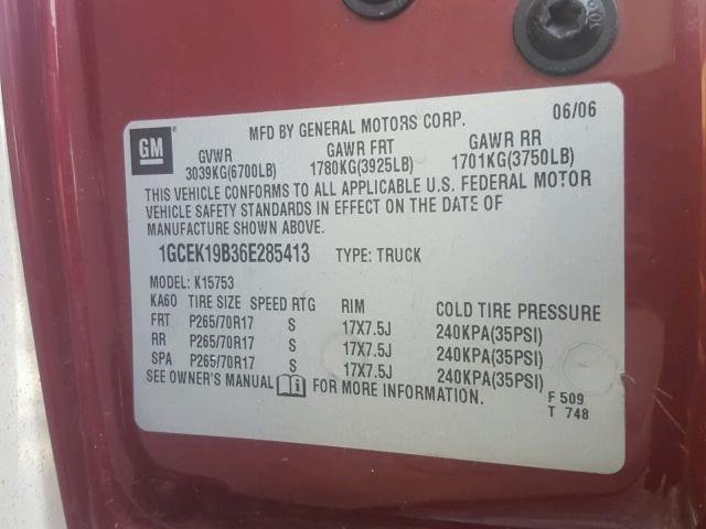 1GCEK19B36E285413 - 2006 CHEVROLET SILVERADO BURGUNDY photo 10