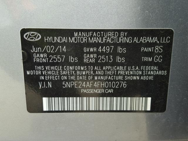 5NPE24AF4FH010276 - 2015 HYUNDAI SONATA SE SILVER photo 10