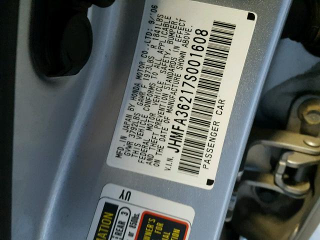 JHMFA36217S001608 - 2007 HONDA CIVIC HYBR SILVER photo 10