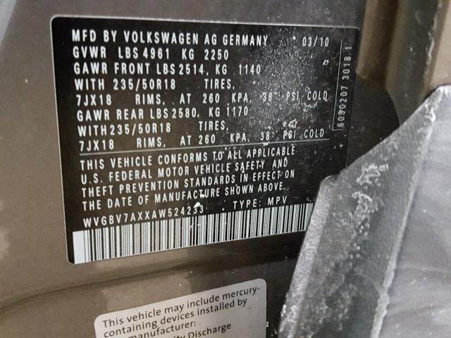 WVGBV7AXXAW524233 - 2010 VOLKSWAGEN TIGUAN SE GRAY photo 10