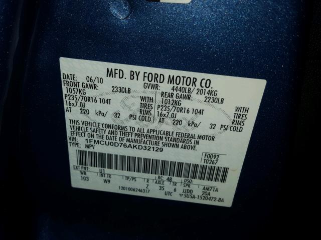 1FMCU0D76AKD32129 - 2010 FORD ESCAPE XLT BLUE photo 10