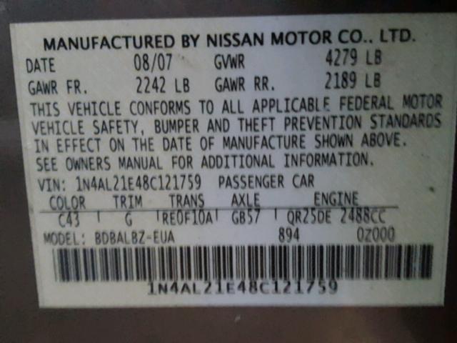 1N4AL21E48C121759 - 2008 NISSAN ALTIMA 2.5 GOLD photo 10