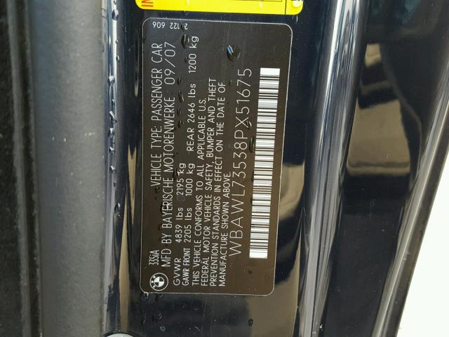 WBAWL73538PX51675 - 2008 BMW 335 I BLUE photo 10