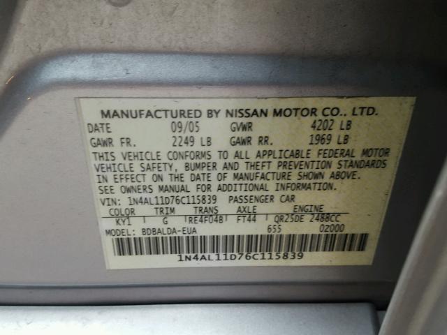 1N4AL11D76C115839 - 2006 NISSAN ALTIMA S SILVER photo 10