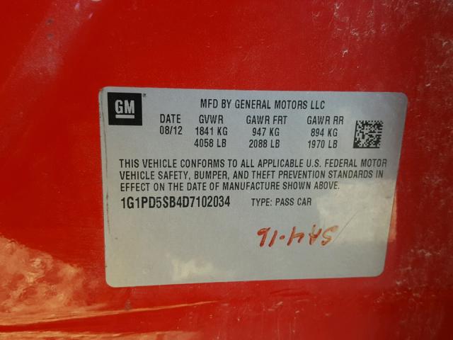 1G1PD5SB4D7102034 - 2013 CHEVROLET CRUZE LT RED photo 10