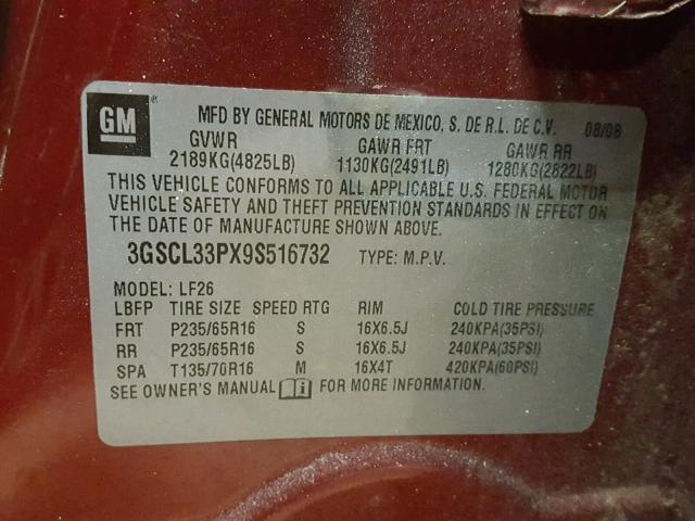 3GSCL33PX9S516732 - 2009 SATURN VUE XE RED photo 10