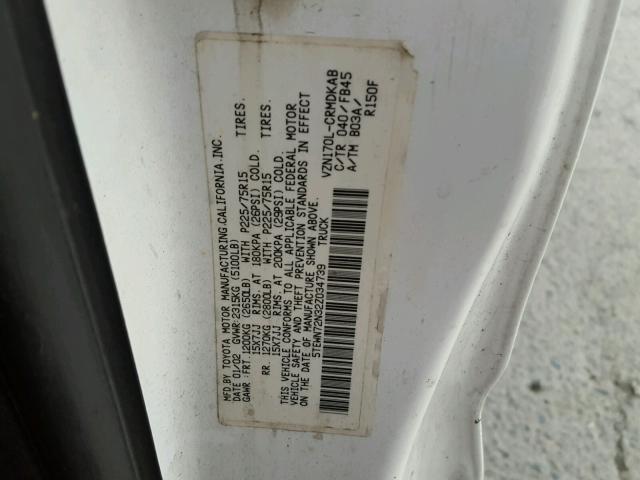 5TEWN72N32Z034739 - 2002 TOYOTA TACOMA XTR WHITE photo 10