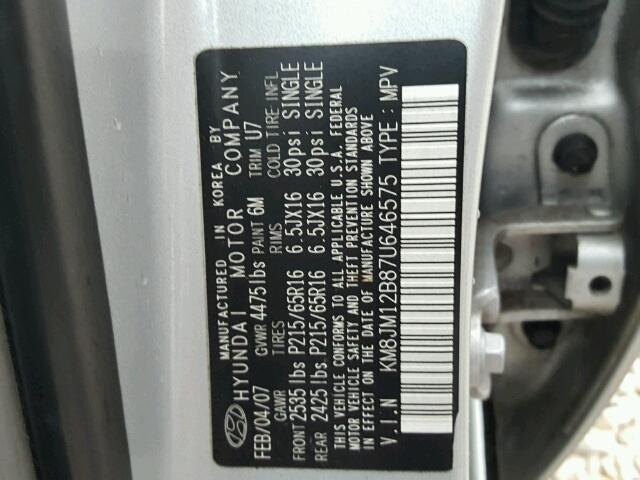 KM8JM12B87U646575 - 2007 HYUNDAI TUCSON GLS SILVER photo 10