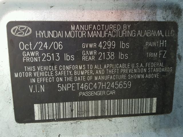 5NPET46C47H245659 - 2007 HYUNDAI SONATA GLS SILVER photo 10