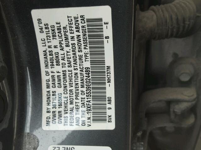 19XFA15539E024489 - 2009 HONDA CIVIC LX GRAY photo 10