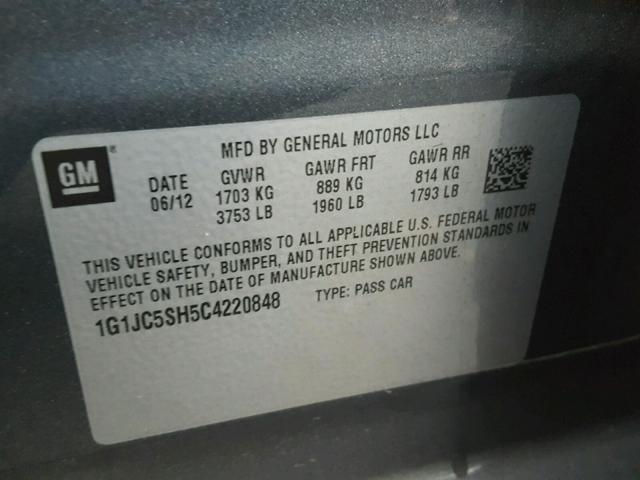 1G1JC5SH5C4220848 - 2012 CHEVROLET SONIC LT CHARCOAL photo 10