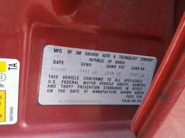 KL1TD56628B245884 - 2008 CHEVROLET AVEO BASE RED photo 10