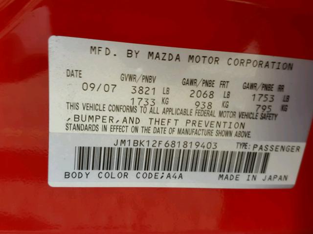 JM1BK12F681819403 - 2008 MAZDA 3 I RED photo 10