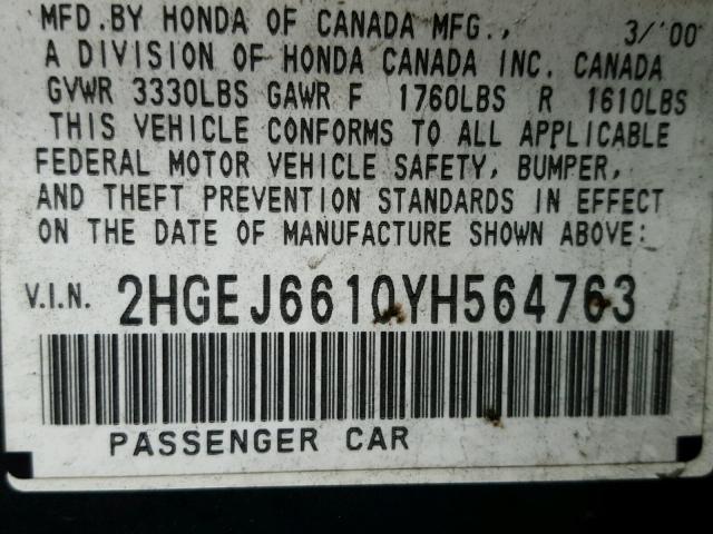 2HGEJ6610YH564763 - 2000 HONDA CIVIC BASE WHITE photo 10