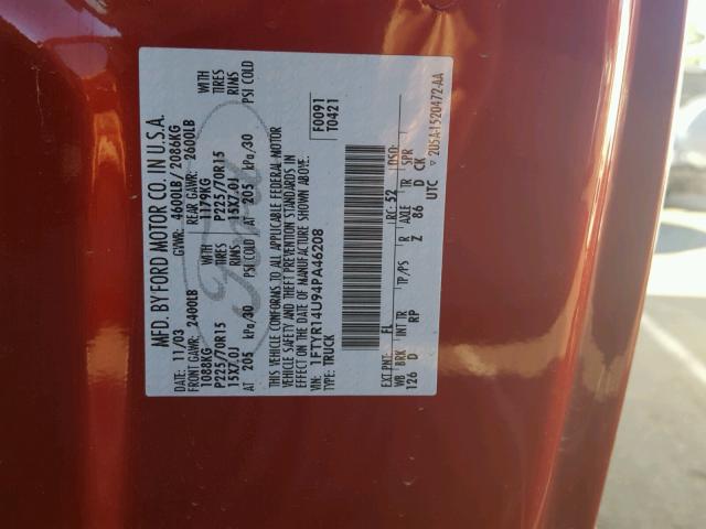 1FTYR14U94PA46208 - 2004 FORD RANGER SUP RED photo 10