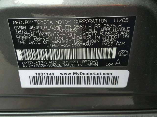 JTHBH96S465028697 - 2006 LEXUS GS GENERAT GREEN photo 10