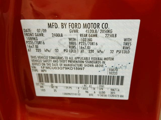 1FMCU03G79KD15997 - 2009 FORD ESCAPE XLT RED photo 10
