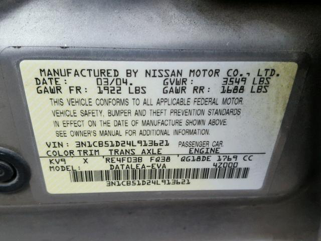 3N1CB51D24L913621 - 2004 NISSAN SENTRA 1.8 GOLD photo 10