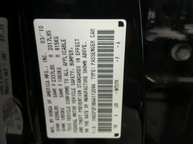 1HGCP2F38AA112094 - 2010 HONDA ACCORD LX BLACK photo 10