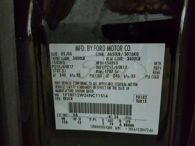 1FTRF12W24NC11514 - 2004 FORD F150 BLACK photo 10