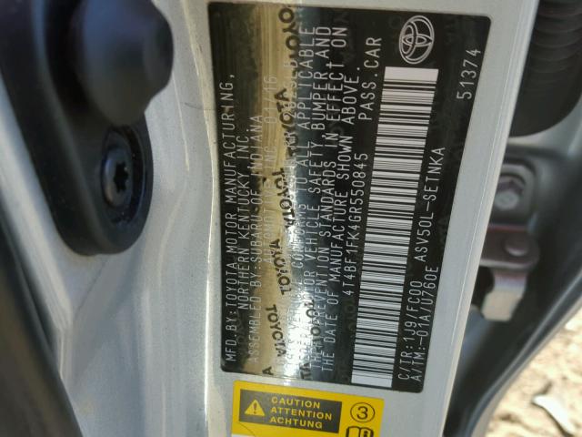 4T4BF1FK4GR550845 - 2016 TOYOTA CAMRY LE SILVER photo 10