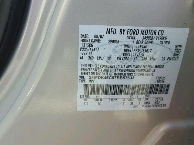 2FMDK46C97BB57633 - 2007 FORD EDGE SE CREAM photo 10