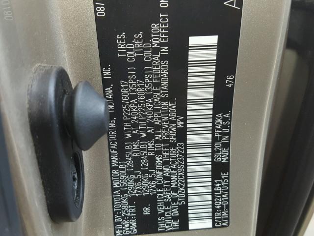 5TDZK22CX9S237223 - 2009 TOYOTA SIENNA XLE GOLD photo 10