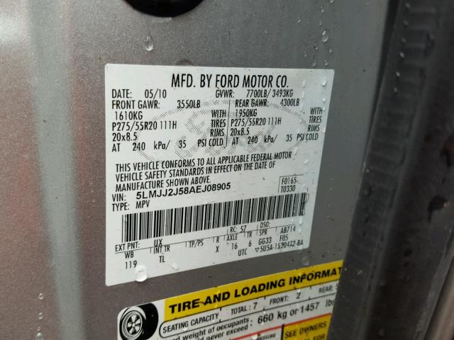 5LMJJ2J58AEJ08905 - 2010 LINCOLN NAVIGATOR 银色 照片 10